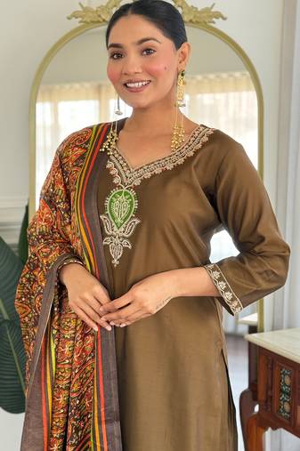 Olive embroidered silk blend kurta trouser dupatta set