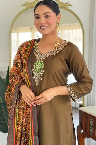 Olive embroidered silk blend kurta trouser dupatta set