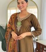 Olive embroidered silk blend kurta trouser dupatta set