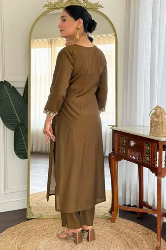 Olive embroidered silk blend kurta trouser dupatta set