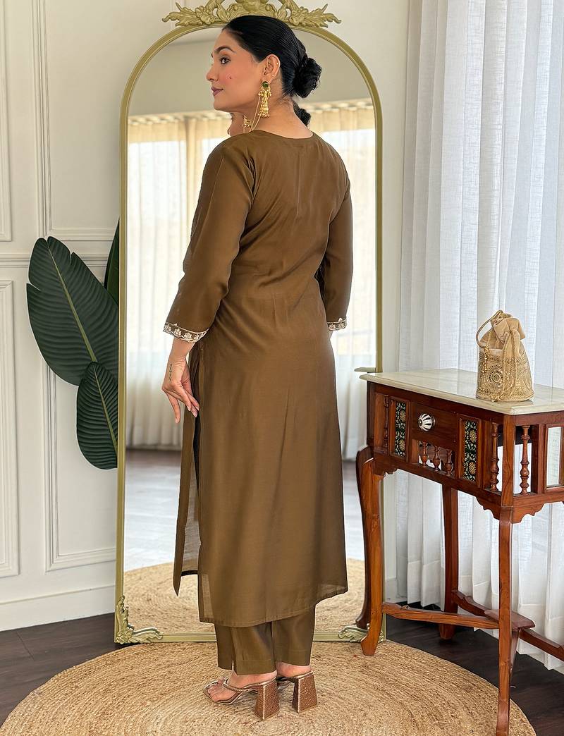 Olive embroidered silk blend kurta trouser dupatta set