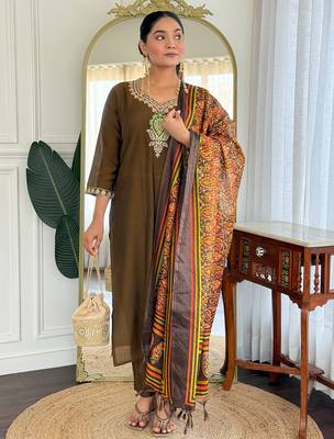 Olive embroidered silk blend kurta trouser dupatta set 3