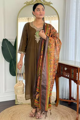 Olive embroidered silk blend kurta trouser dupatta set