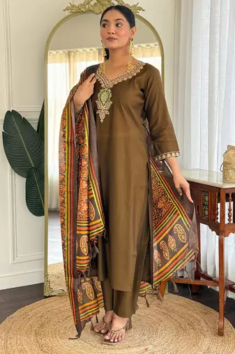 Olive embroidered silk blend kurta trouser dupatta set
