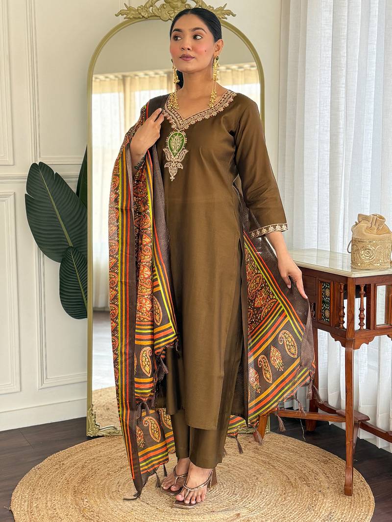 Olive embroidered silk blend kurta trouser dupatta set