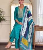 Green embroidered silk blend kurta trouser dupatta set