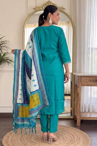 Green embroidered silk blend kurta trouser dupatta set