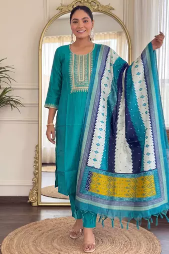 Green embroidered silk blend kurta trouser dupatta set