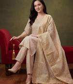 Off white embroidered silk blend kurta trouser dupatta set
