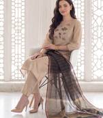 Off white embroidered silk blend kurta trouser dupatta set