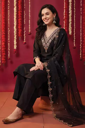 Black embroidered silk blend kurta trouser dupatta set