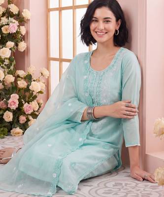 Blue embroidered silk blend kurta trouser dupatta set 1
