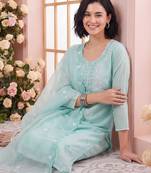Blue embroidered silk blend kurta trouser dupatta set