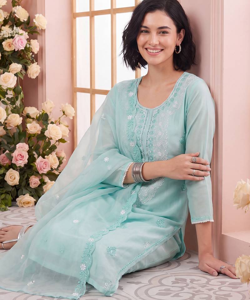 Blue embroidered silk blend kurta trouser dupatta set