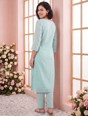 Blue embroidered silk blend kurta trouser dupatta set 2