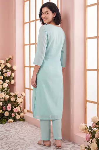 Blue embroidered silk blend kurta trouser dupatta set