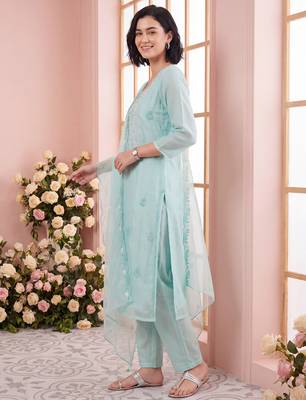 Blue embroidered silk blend kurta trouser dupatta set 3