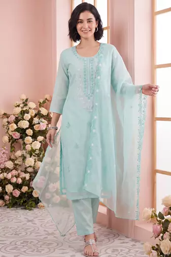 Blue embroidered silk blend kurta trouser dupatta set
