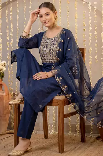 Navy blue embroidered silk blend kurta trouser dupatta set