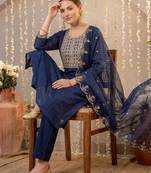 Navy blue embroidered silk blend kurta trouser dupatta set