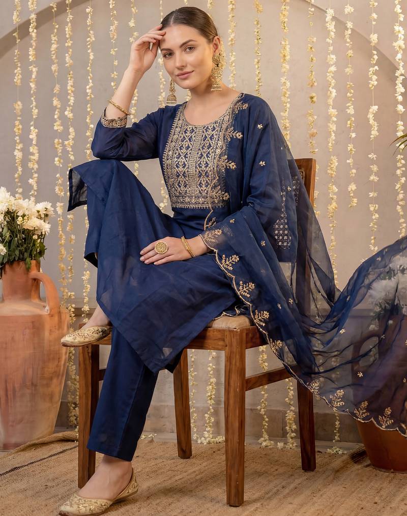 Navy blue embroidered silk blend kurta trouser dupatta set