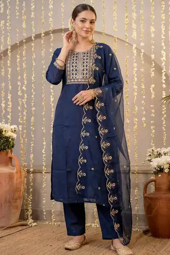 Navy blue embroidered silk blend kurta trouser dupatta set