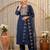 Navy blue embroidered silk blend kurta trouser dupatta set