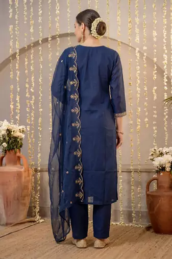 Navy blue embroidered silk blend kurta trouser dupatta set