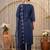Navy blue embroidered silk blend kurta trouser dupatta set