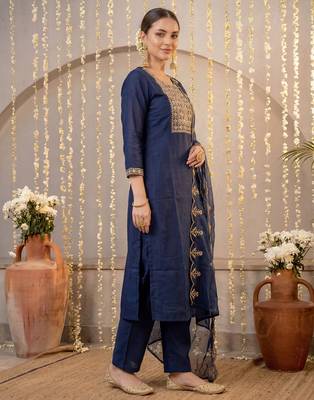 Navy blue embroidered silk blend kurta trouser dupatta set 4