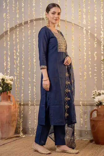 Navy blue embroidered silk blend kurta trouser dupatta set