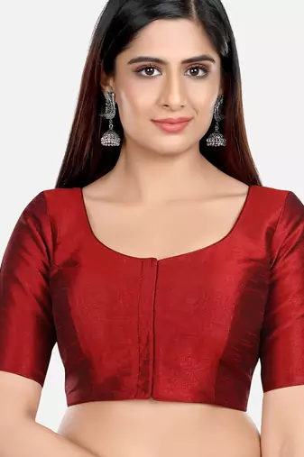 Maroon kora silk elbow sleeves round neck padded readymade saree blouse