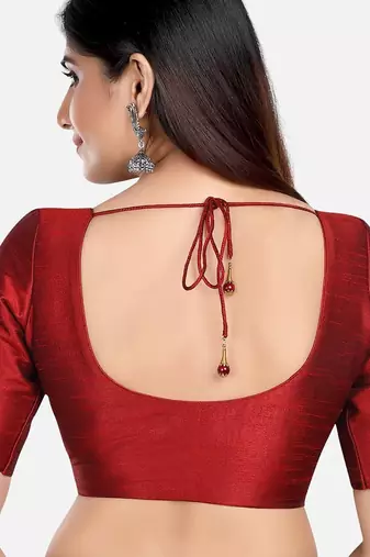 Maroon kora silk elbow sleeves round neck padded readymade saree blouse