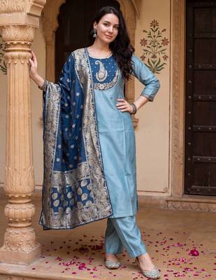 Blue embroidered silk blend kurta trouser dupatta set 1