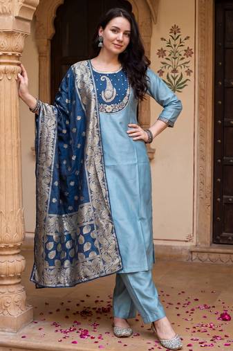 Blue embroidered silk blend kurta trouser dupatta set