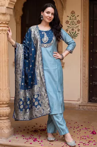 Blue embroidered silk blend kurta trouser dupatta set