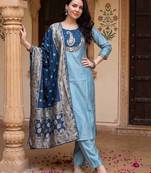 Blue embroidered silk blend kurta trouser dupatta set