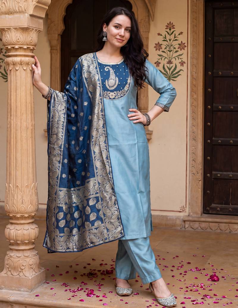 Blue embroidered silk blend kurta trouser dupatta set