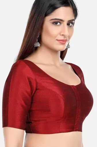 Maroon kora silk elbow sleeves round neck padded readymade saree blouse