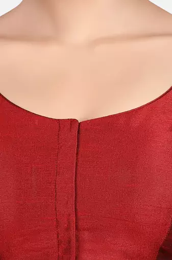 Maroon kora silk elbow sleeves round neck padded readymade saree blouse