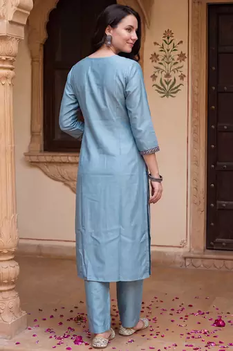Blue embroidered silk blend kurta trouser dupatta set