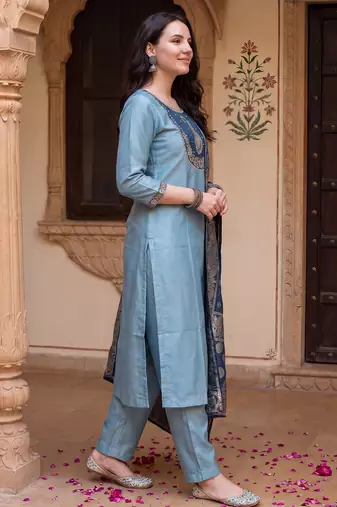 Blue embroidered silk blend kurta trouser dupatta set