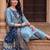 Blue embroidered silk blend kurta trouser dupatta set