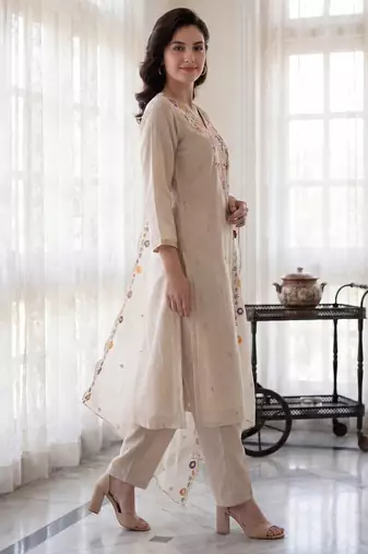 Beige embroidered silk blend kurta trouser dupatta set