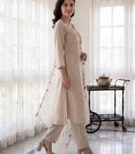 Beige embroidered silk blend kurta trouser dupatta set