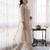 Beige embroidered silk blend kurta trouser dupatta set