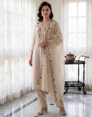 Beige embroidered silk blend kurta trouser dupatta set 2