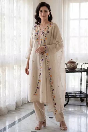 Beige embroidered silk blend kurta trouser dupatta set
