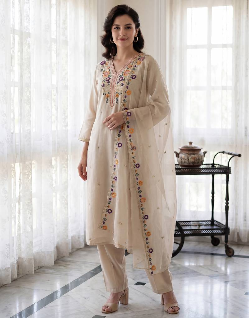 Beige embroidered silk blend kurta trouser dupatta set