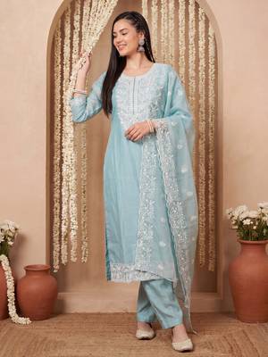 Blue embroidered silk blend kurta trouser dupatta set 1